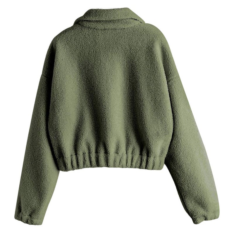 ZAFUL Women's Fashion Long Sleeve Lapel Half Zip Plain Faux Fur Sweatshirt Solid Color Crop Pullover Tops (0-Army Green,L) - Image 3